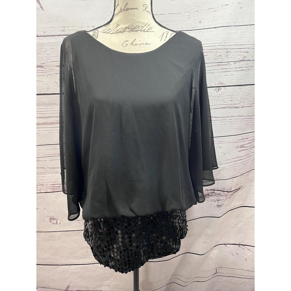 Roz Ali Black Sequin Hem Flowy Batwing‎ Sleeve Blouse Size Large